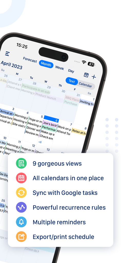 Tiny Calendar Pro - Captura de pantalla de la aplicación Tiny Calendar Pro que muestra un calendario mensual y una lista de funciones clave de productividad