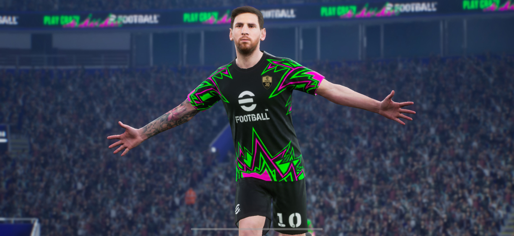 Lionel Messi celebrating a goal in the eFootball mobile soccer game