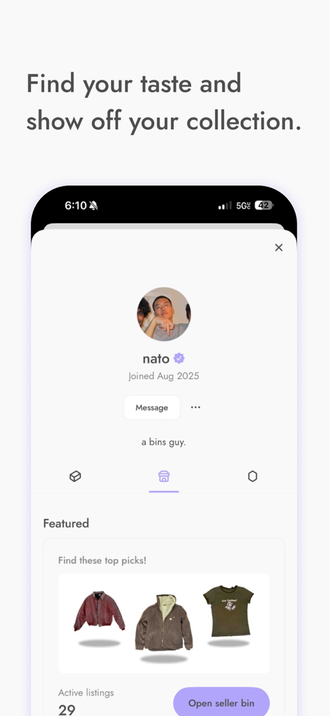 Bins | Shop, Sell, Share - ビンテージ衣料品のコレクションを表示するBinsアプリのセラープロファイル