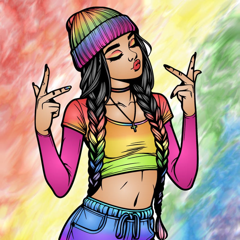 realistic teenage girl with braids and a beanie and crop top doing 🫶🏼