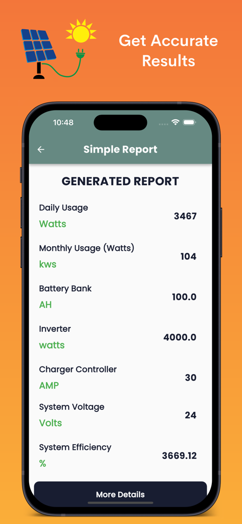 Uma tela de celular mostrando um relatório gerado de energia solar com uso diário, banco de baterias e métricas do inversor.
