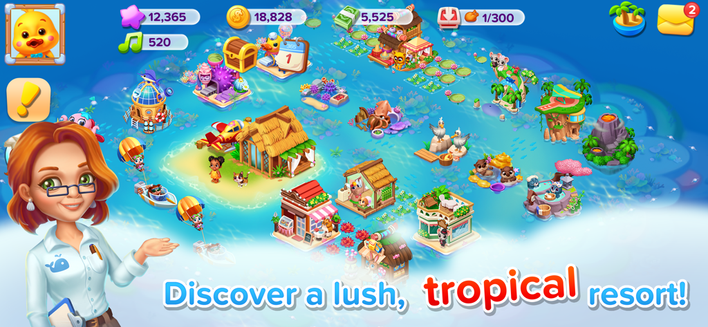 Family Farm Seaside - Uma captura de tela de Family Farm Seaside mostrando um resort tropical exuberante com vários edifícios e animais fofos.