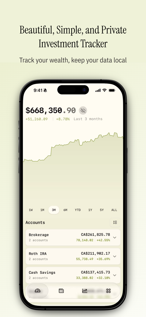 Wealthfolio: Private Finance - Interface do aplicativo Wealthfolio exibindo um resumo do saldo total com um gráfico de crescimento do portfólio e contas de investimento listadas.