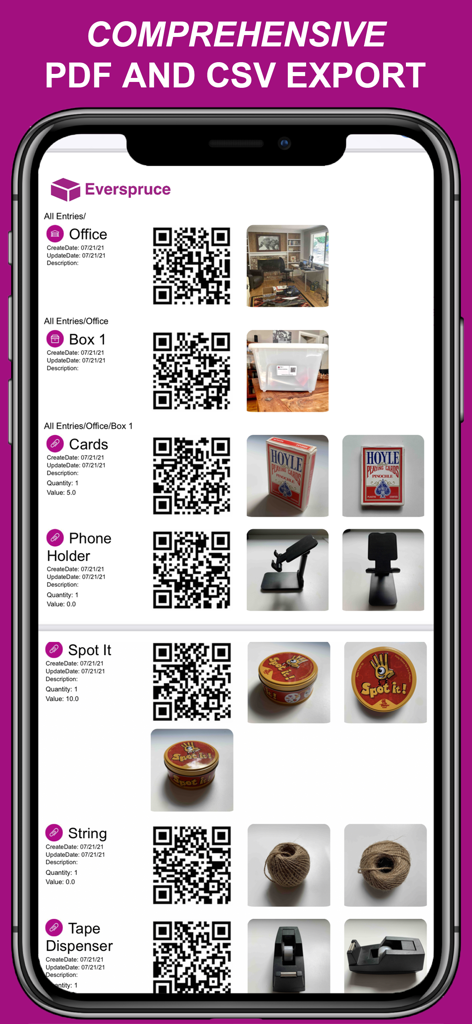 A visual inventory report from the Everspruce app displaying items with QR codes and photos for PDF and CSV export