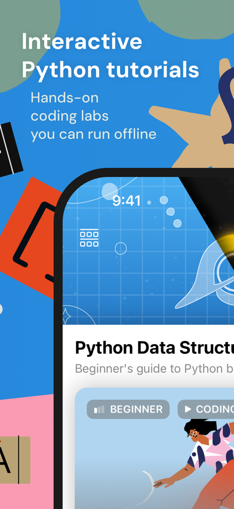 Learn to Code – Tinkerstellar - Tinkerstellar App-Bildschirm zeigt interaktive Python-Tutorials und praxisnahe Coding-Lektionen, die offline ausgeführt werden