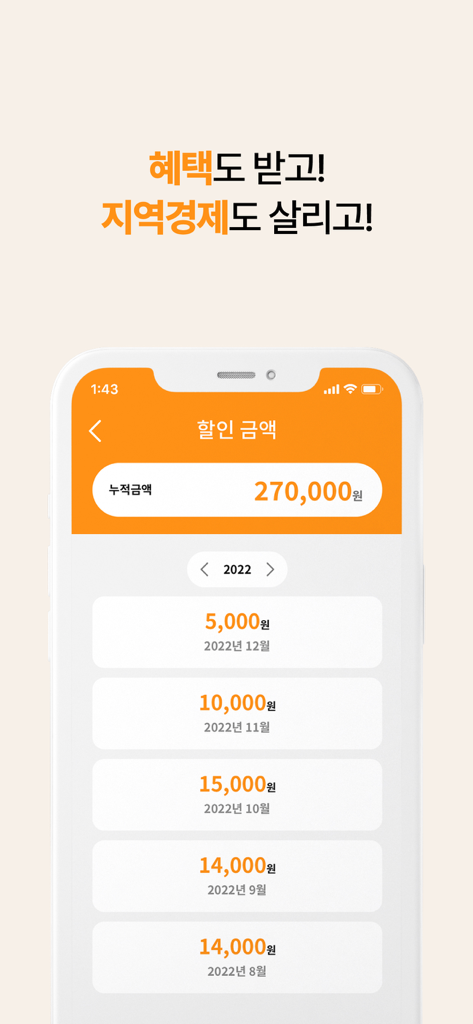 Tam-Na-Neun-Jeon app interface showing accumulated discount savings and monthly reward history for Jeju local currency