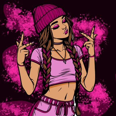 realistic teenage girl with braids and a beanie and crop top doing 🫶🏼