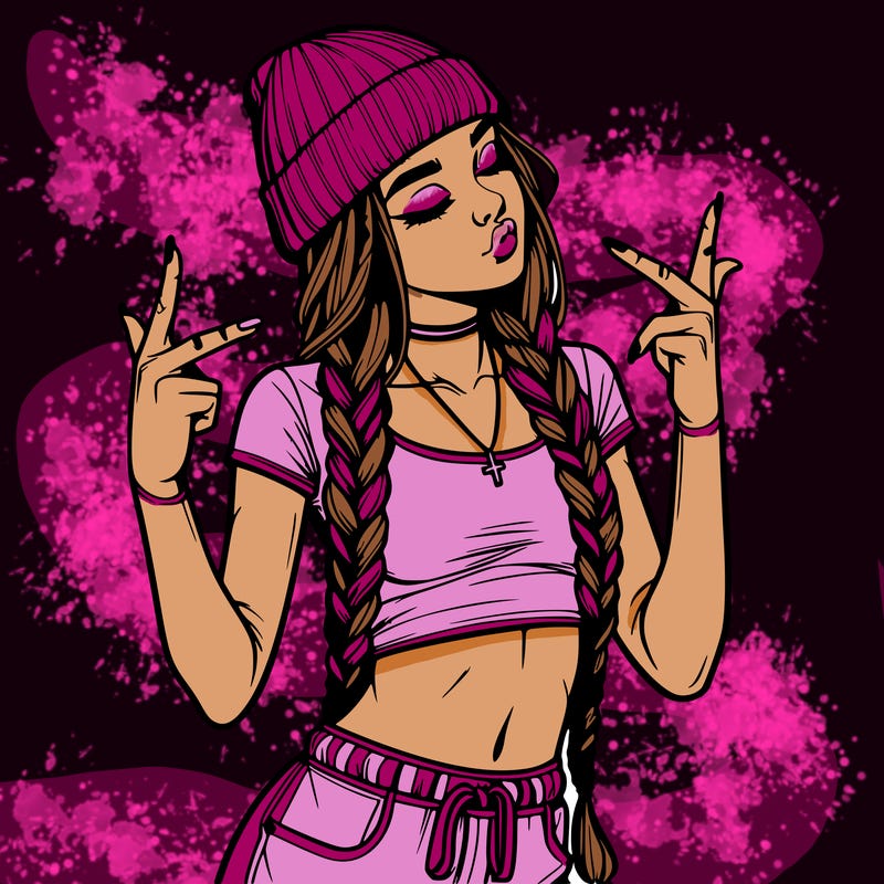 realistic teenage girl with braids and a beanie and crop top doing 🫶🏼