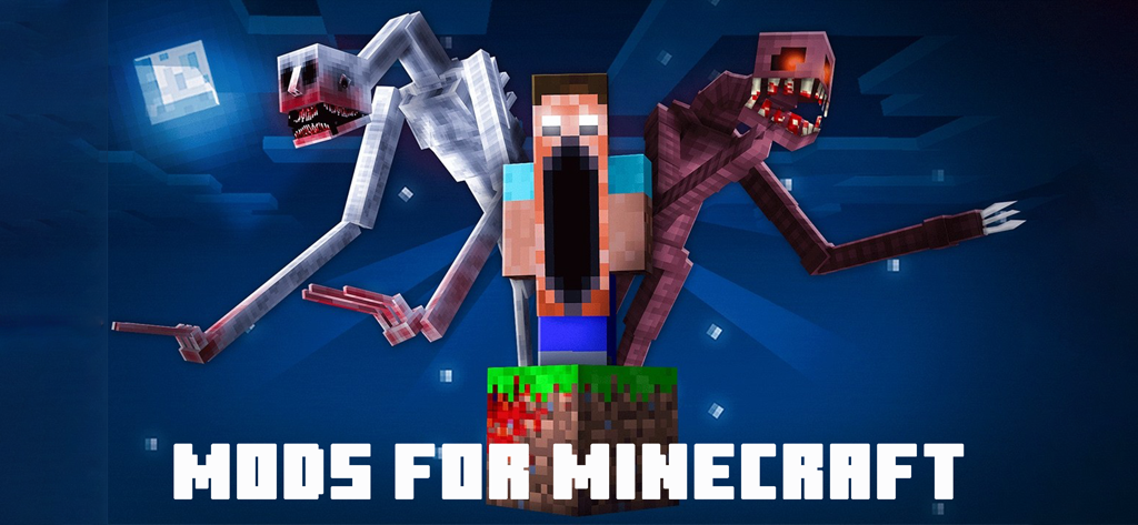MCPE ADDONS FOR MINECRAFT PE + - A collection of horror-themed monster mods and skins for Minecraft PE including creepy tall creatures and a character with an elongated mouth.