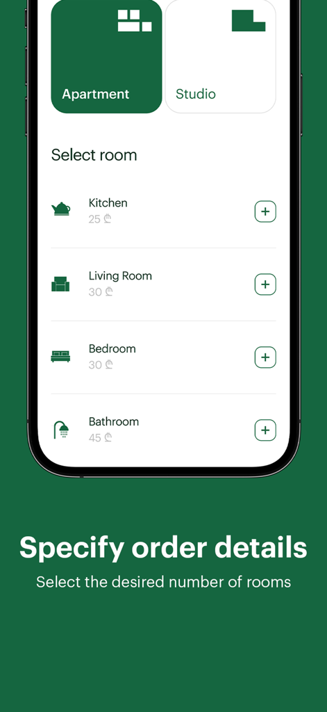 A mobile app screen for Profy showing room selection for home services with transparent pricing for kitchen, living room, bedroom, and bathroom.