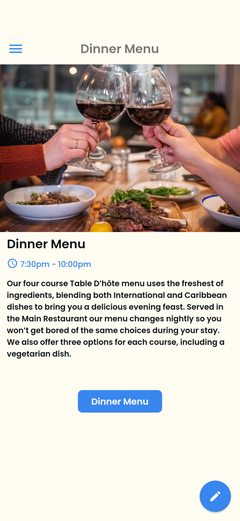 East Winds 앱 스크린샷으로, 저녁 메뉴 섹션을 보여주며 와인잔을 부딪히는 손님들의 사진과 4코스 저녁 식사에 대한 세부 정보가 포함되어 있습니다.