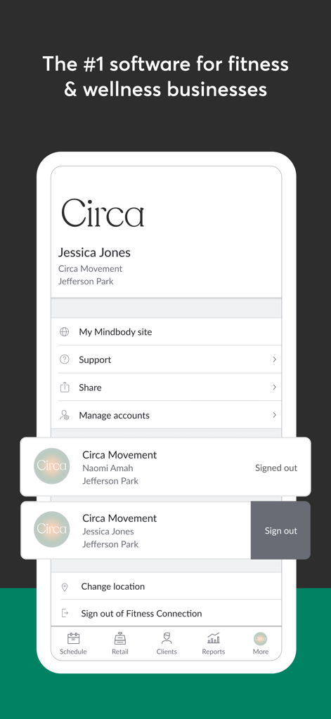 Mindbody Business app account management interface for fitness and wellness studios