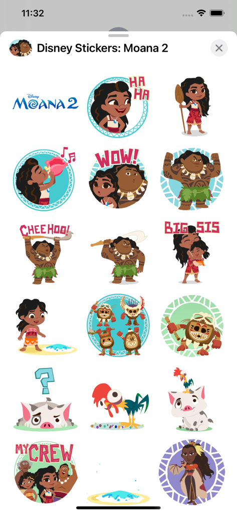 Disney Stickers: Moana 2 - A collection of digital stickers for Moana 2 featuring characters Moana, Maui, and Pua with various expressions and text overlays like HA HA and WOW.
