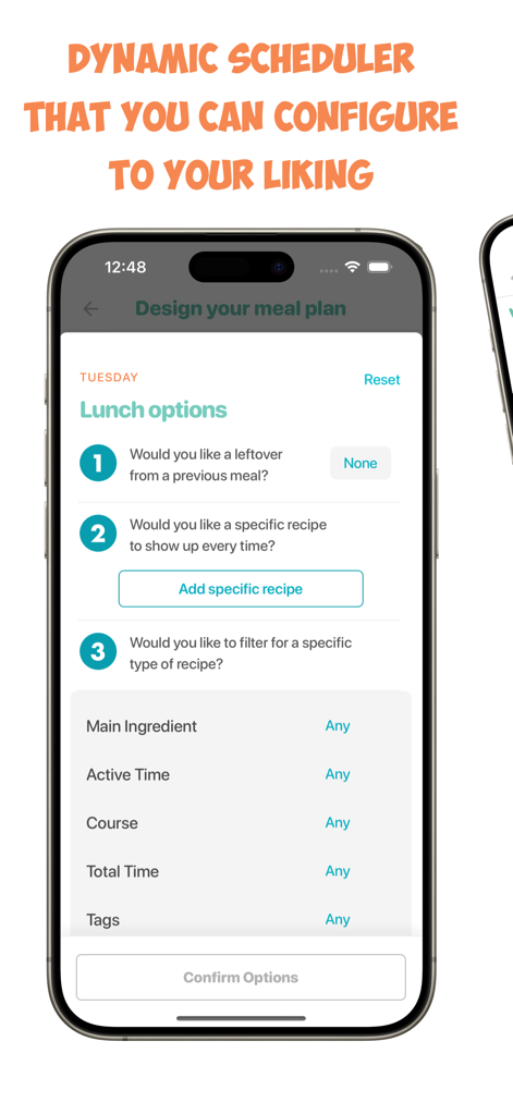 Real Plans - Meal Planner - A mobile screen showing the Real Plans dynamic scheduler with customizable meal plan options for leftovers and dietary filters.