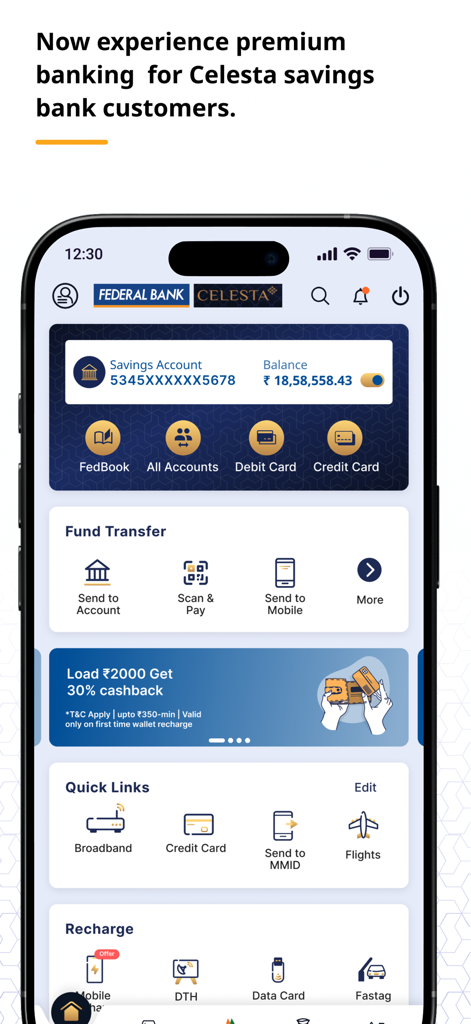 FedMobile - Celesta普通預金顧客向けの口座残高と資金移動オプションを表示するFedMobileアプリのホーム画面