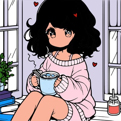 cute anime girl reading book and drinking hot chocolate from mug with loose wavy hair wearing a baggy sweatshirt and shorts sitting by windowsill looking out