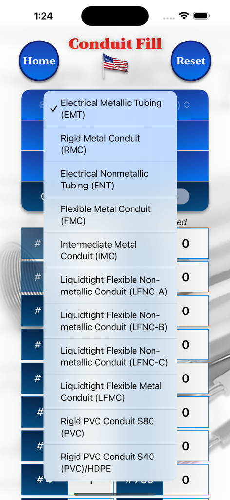 Conduit Filler - A dropdown menu listing various electrical conduit types like EMT and RMC in the Conduit Filler app