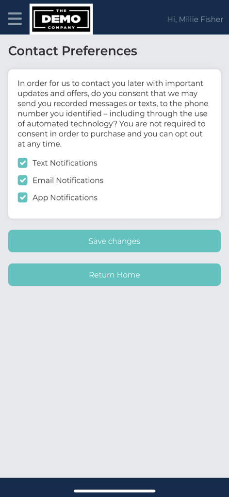 SNAP Resupply app contact preferences screen showing options for text email and app notifications