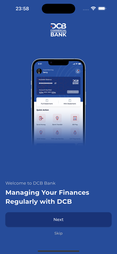 DCB Pesa Plus - Pantalla de incorporación de la aplicación de banca móvil DCB Pesa Plus que muestra el panel de la cuenta y las funciones de gestión financiera