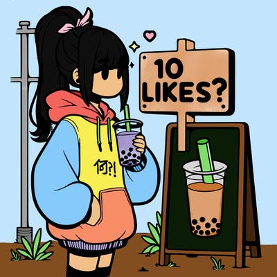 girl with oversized hoodie drinking boba and she has a high ponytail with a sign that says 10likes?