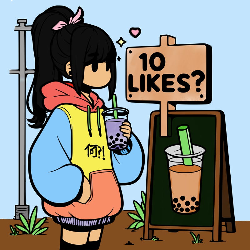 girl with oversized hoodie drinking boba and she has a high ponytail with a sign that says 10likes?