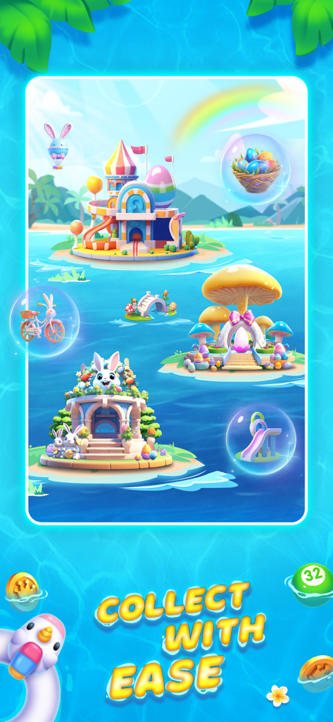 Bingo Island-Fun Family Bingo - カラフルな建物と「簡単に集めよう」というテキストが表示されたイースターをテーマにしたトロピカルアイランド。