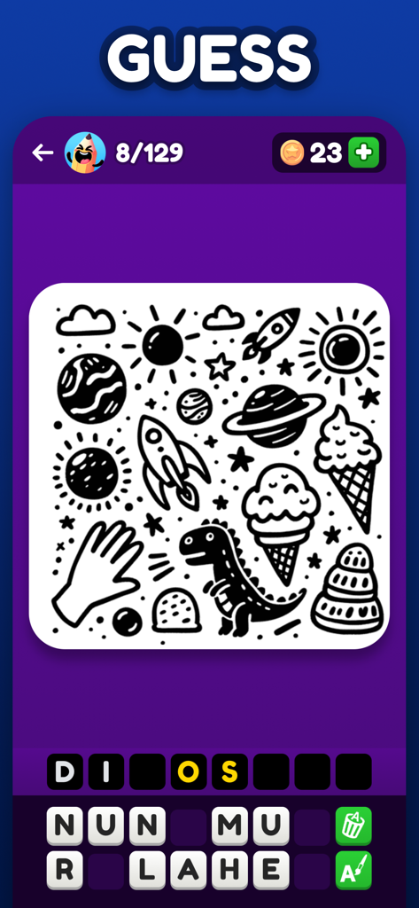 Pictionic: Draw & Guess Words - Gameplay screen of Pictionic showing a doodle and a word guessing puzzle.