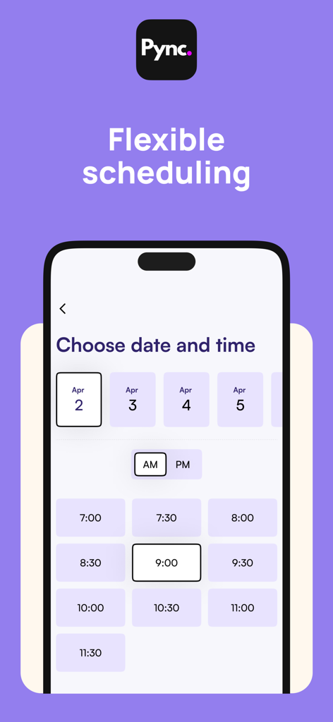 A mobile interface for the Pync app displaying flexible scheduling options to choose a date and time for home services