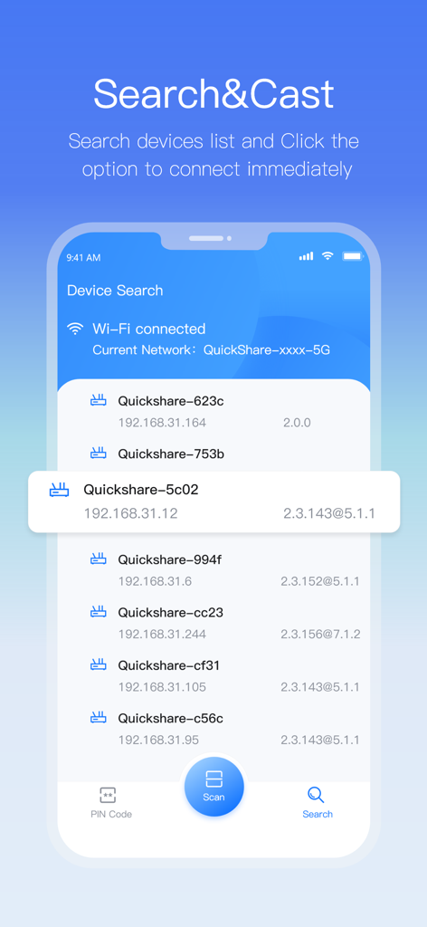 QuickShare Client - Interfaz de la aplicación QuickShare Client que muestra una lista de dispositivos disponibles para la transmisión de pantalla inalámbrica