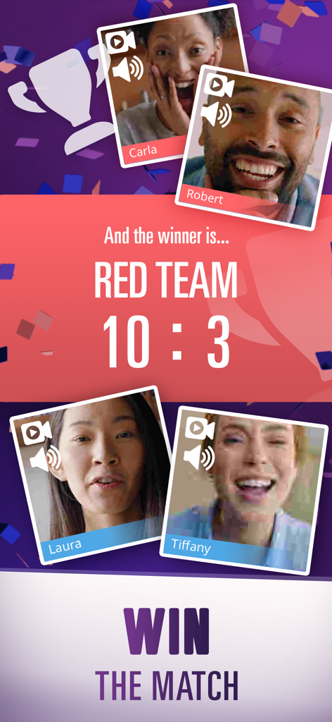 Victory screen in the Taboo mobile app showing the Red Team winning a match with player video feeds.