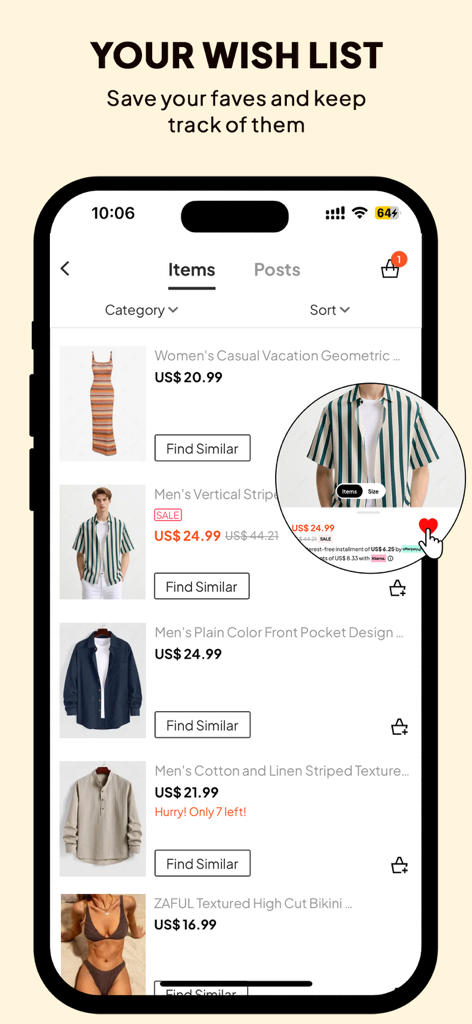 Una pantalla móvil de la aplicación ZAFUL que muestra una lista de deseos del usuario con artículos de moda guardados y un ícono de corazón.