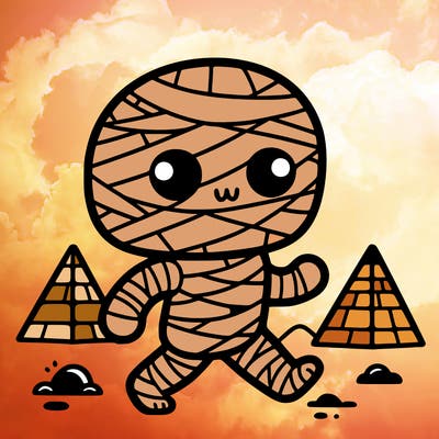 a cute mummy walking through his piramid grave