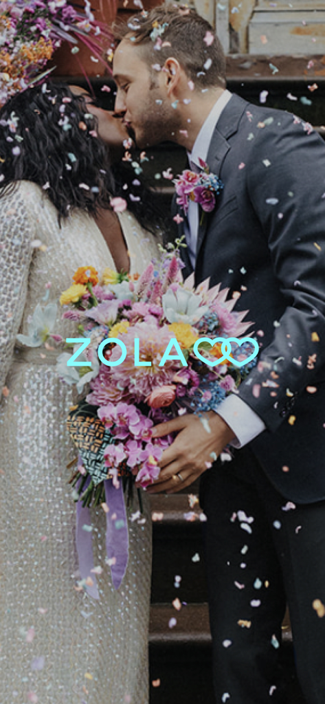 Zola - Wedding Planner - A bride and groom kissing with falling confetti and the Zola wedding app logo.