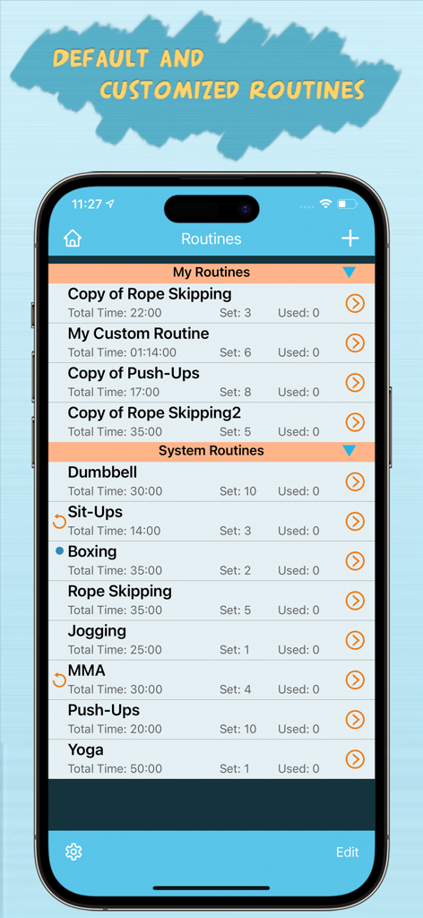 Best Interval Timer Pro - Lista de rutinas de entrenamiento en la aplicación Mejor Temporizador de Intervalos Pro que muestra preajustes personalizados y del sistema.