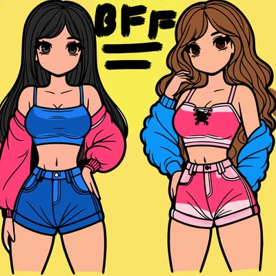 2 girls with a crop top and short shorts