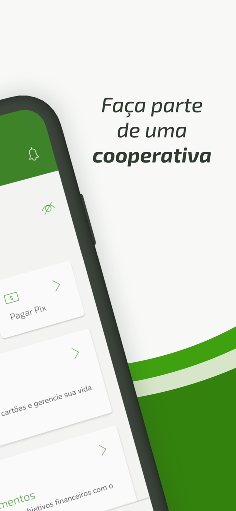 Tela do aplicativo móvel Sicredi X exibindo o texto 'Faça parte de uma cooperativa' em português com opções de pagamento Pix.