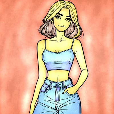 a realistic girl with a crop top and jeans
