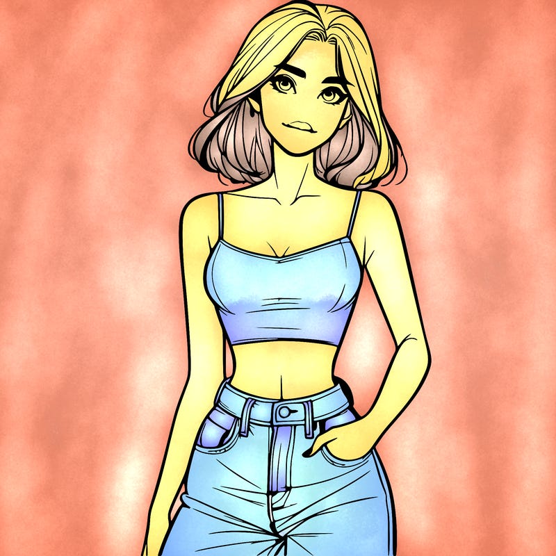 a realistic girl with a crop top and jeans