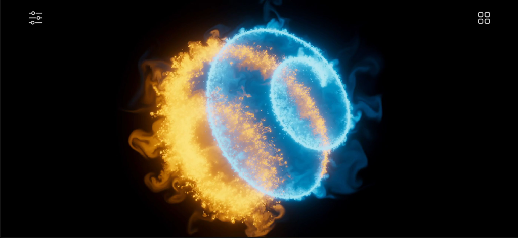 Go Particles: Anxiety Relief - Espiral interactiva de partículas brillantes azules y anaranjadas para la relajación