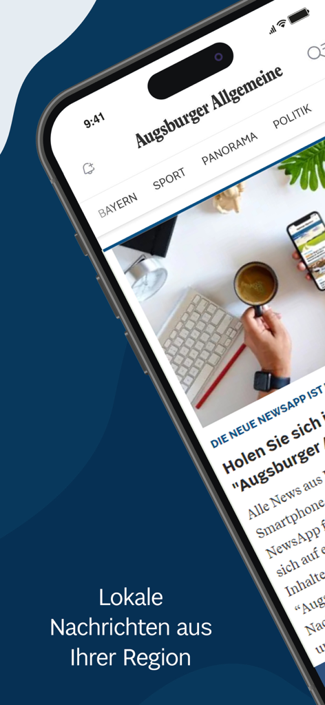 Augsburger Allgemeine News - Interfaz de la aplicación Augsburger Allgemeine news en un smartphone que muestra categorías de noticias locales y titulares
