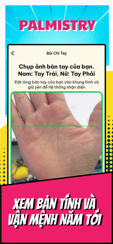 Astrology 365: Palmistry Tarot - Interfaz de escaneo de quiromancia en la aplicación Astrology 365 mostrando una mano siendo analizada para la lectura del destino.