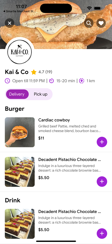Smartie: The smart way to pay - Smartie app interface showing a restaurant menu with delivery and pickup options