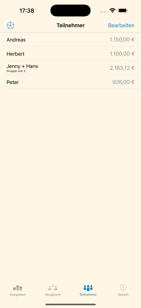 Tela de participantes no app Toernkasse mostrando uma lista de nomes e suas respectivas despesas em Euros