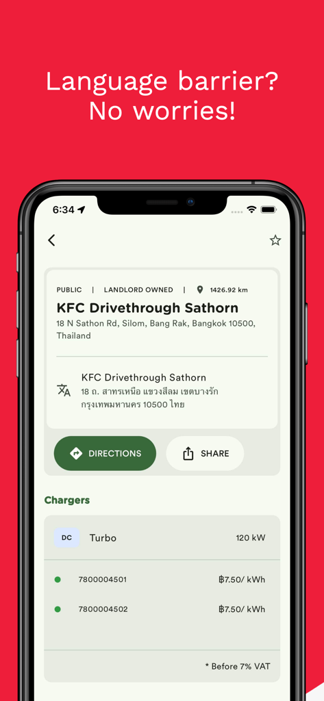 CHARGE+ - CHARGE plus app screen displaying EV charging station details with address translation feature