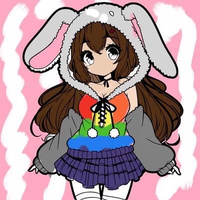 pretty anime girl wearing a fluffy hoodie with bunny ears on the hood and a skirt