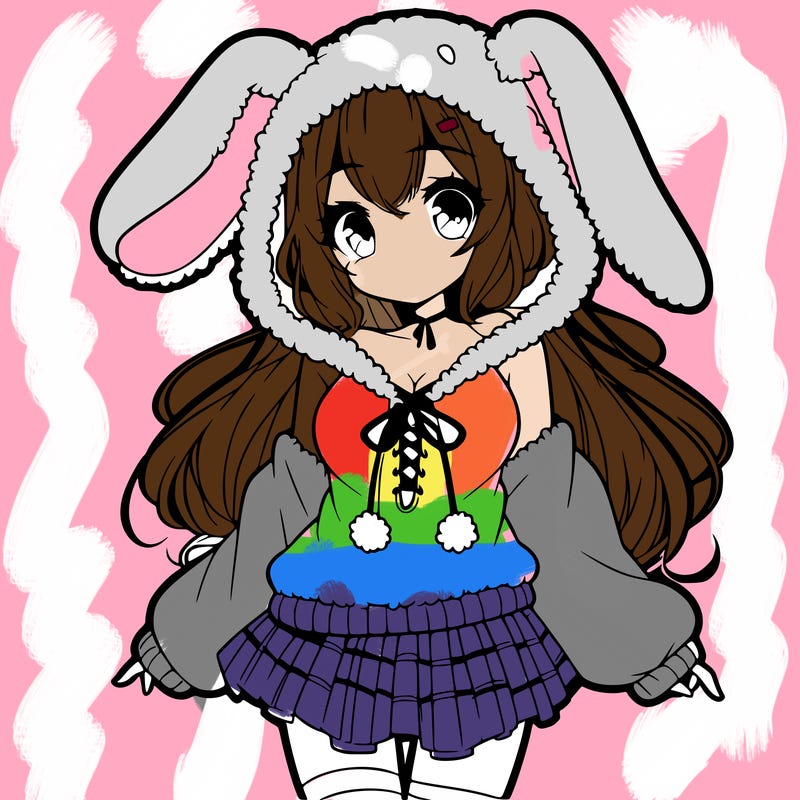 pretty anime girl wearing a fluffy hoodie with bunny ears on the hood and a skirt