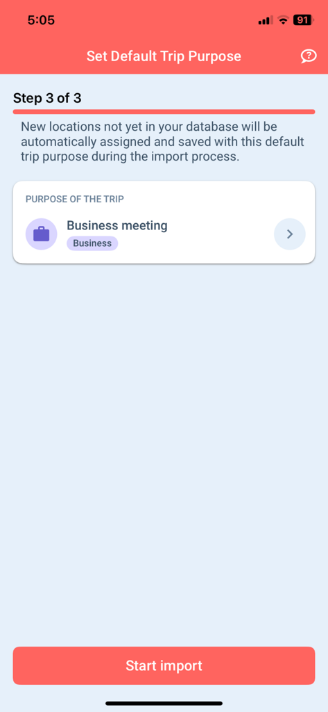 Mobile app screen showing the setup step for assigning a default business trip purpose.