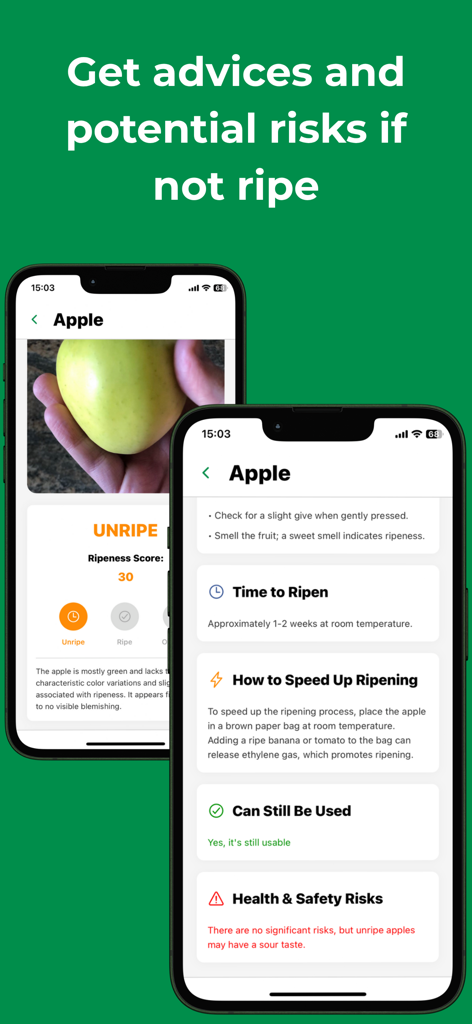 RipenessFoody: Check Ripeness - RipenessFoody app interface showing ripeness score and ripening tips for an apple