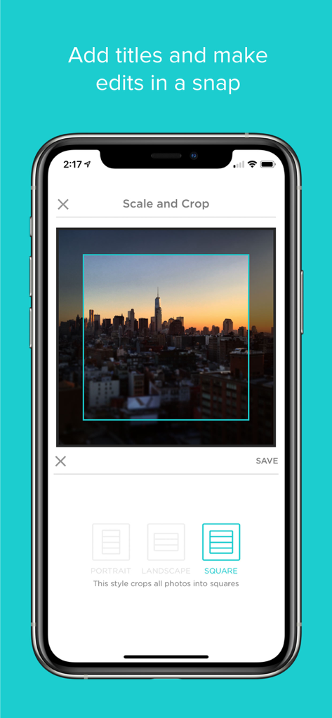 Slideshow Creator - Interface of the Slideshow Creator app showing a square crop and scale tool for a city skyline photo.