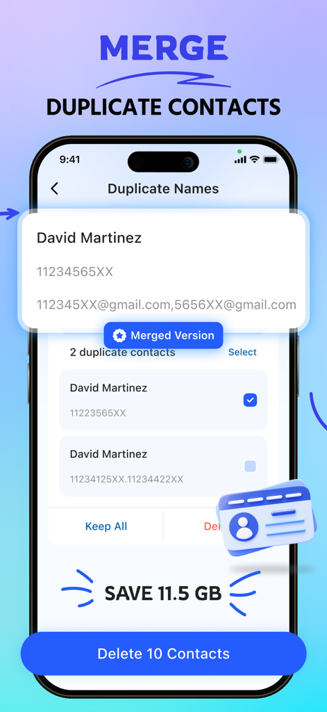 Phone Cleaner: AI Clean Up - Pantalla del iPhone que muestra la función de fusión de contactos duplicados en la aplicación Phone Cleaner para ayudar a organizar la lista de contactos y ahorrar espacio.